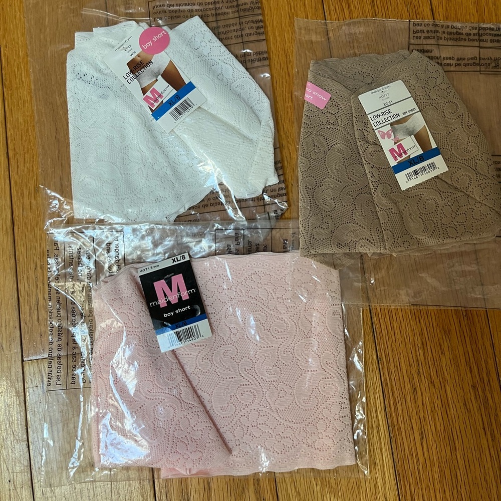 🛍️Lot of 3 - Maidenform Lace Boyshort Underwear in White, Tan, and Pink